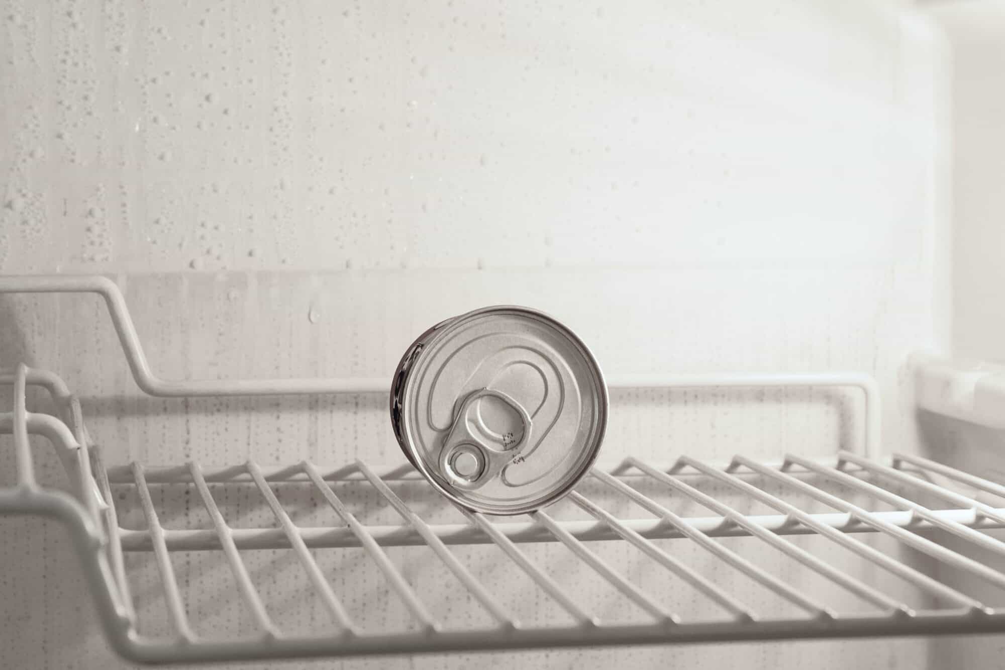 A nearly empty refrigerator rack with a lone can of food.
