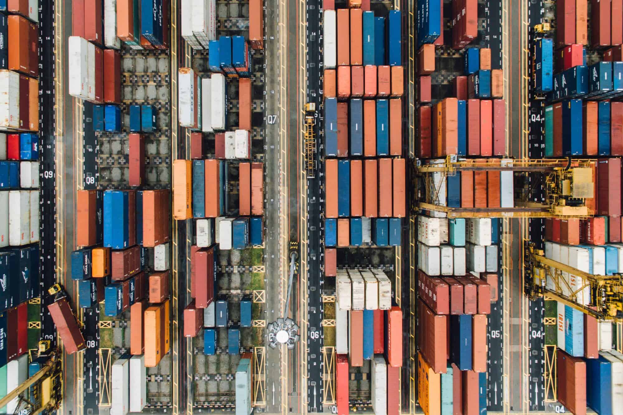 Aerial view of a shipping container yard.
