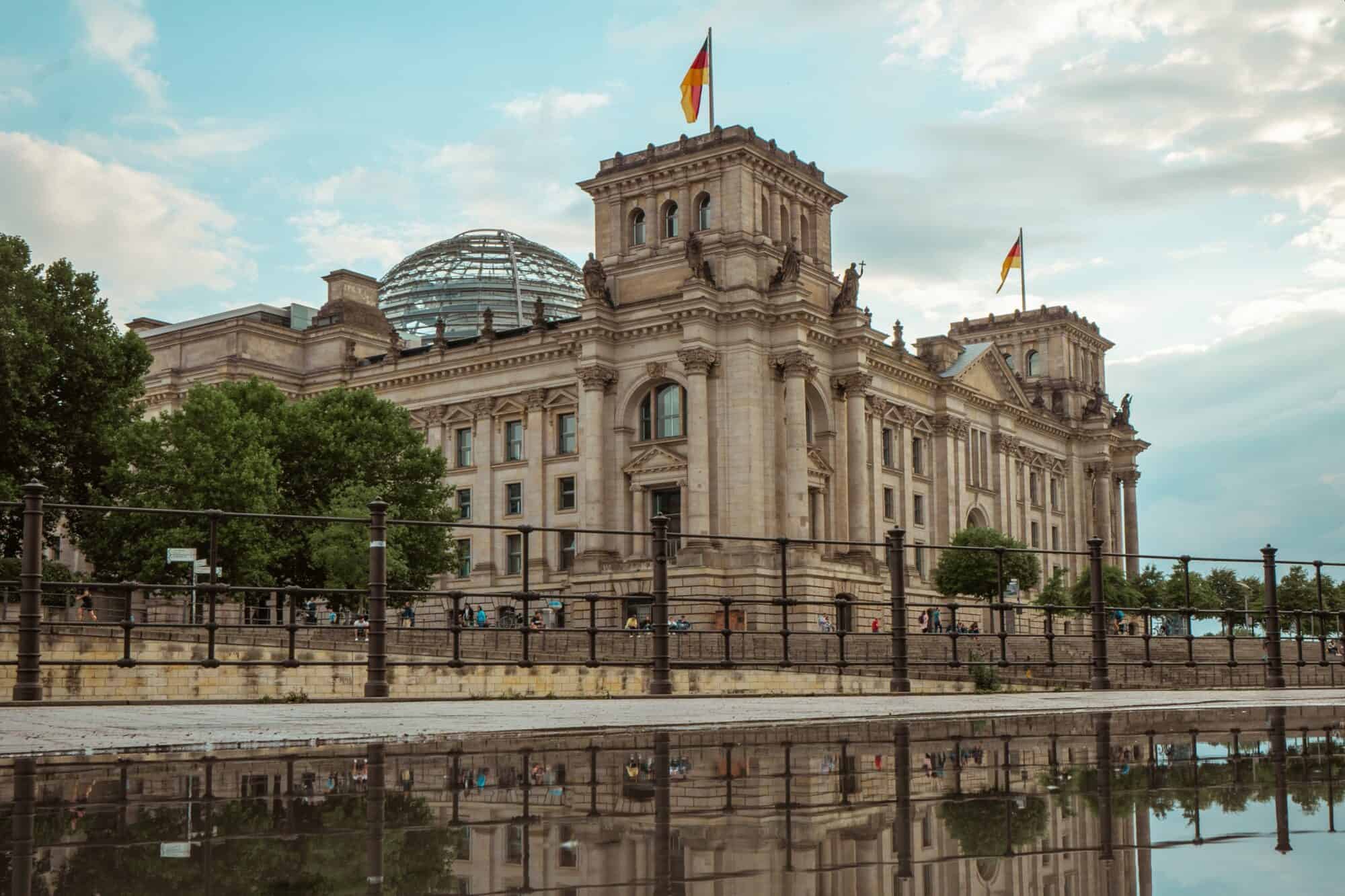 A photo of the German Reichstag building where the Bundestag parliament is seated in Berlin.