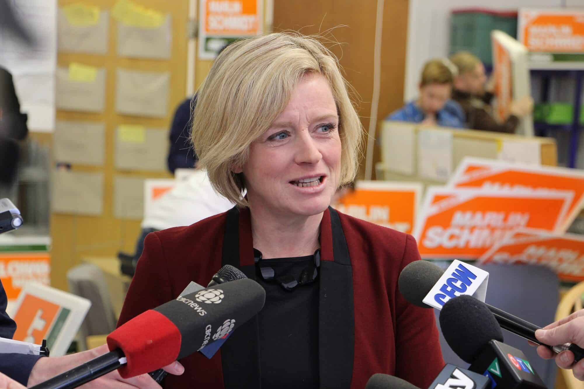 Alberta NDP leader Rachel Notley during a media scrum.