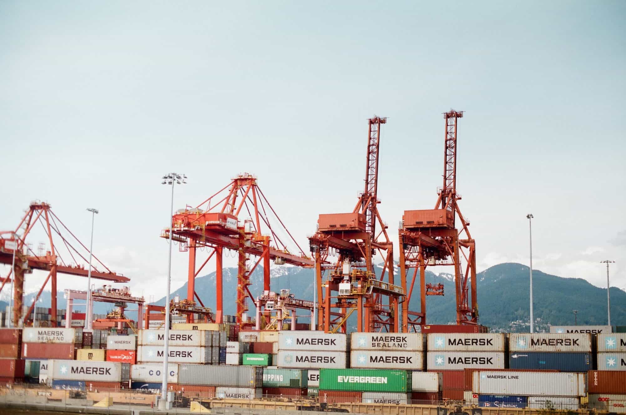 Shipping containers and cranes at the Vancouver Harbour container yard.