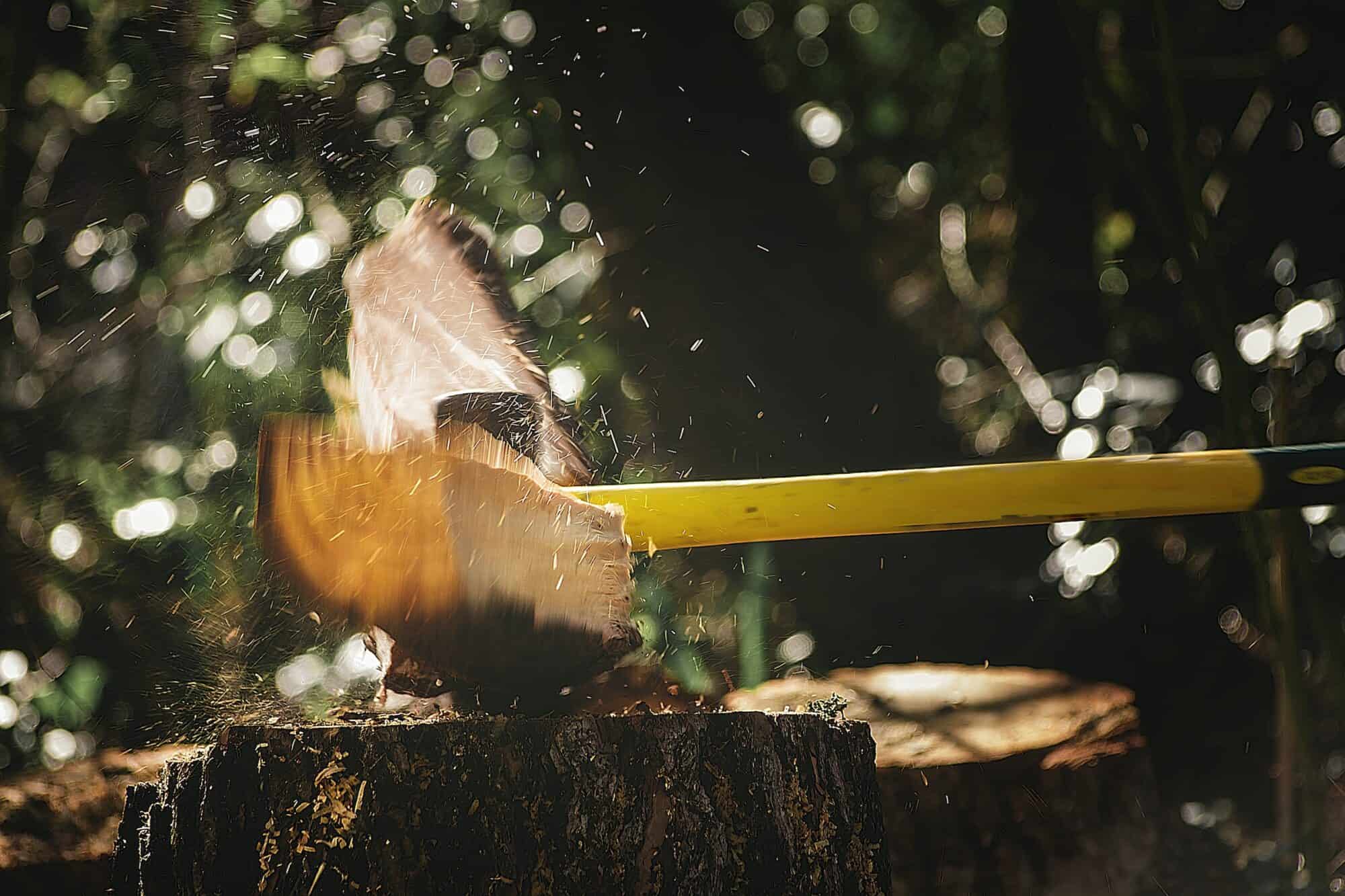 An axe cuts a block of wood in two on a tree stump.