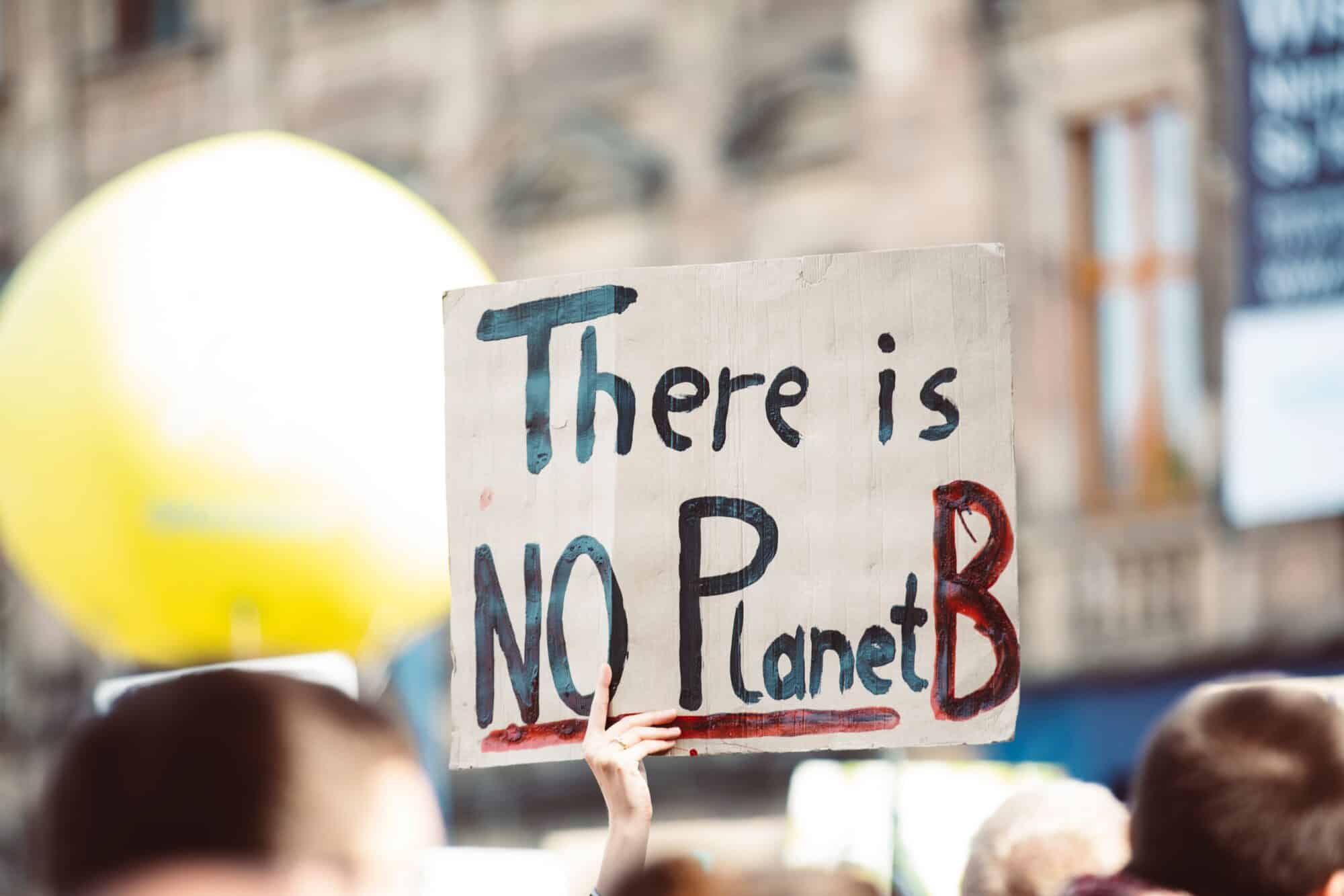 A climate protestor holds a cardboard sign that reads "There is No Planet B".