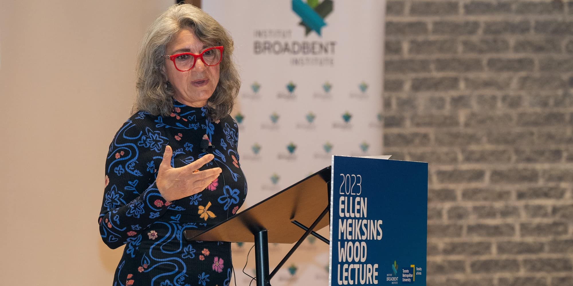 Armine Yalnizyan delivering the 2023 Ellen Meiksins Wood Lecture at Toronto Metropolitan University, May 23, 2023.