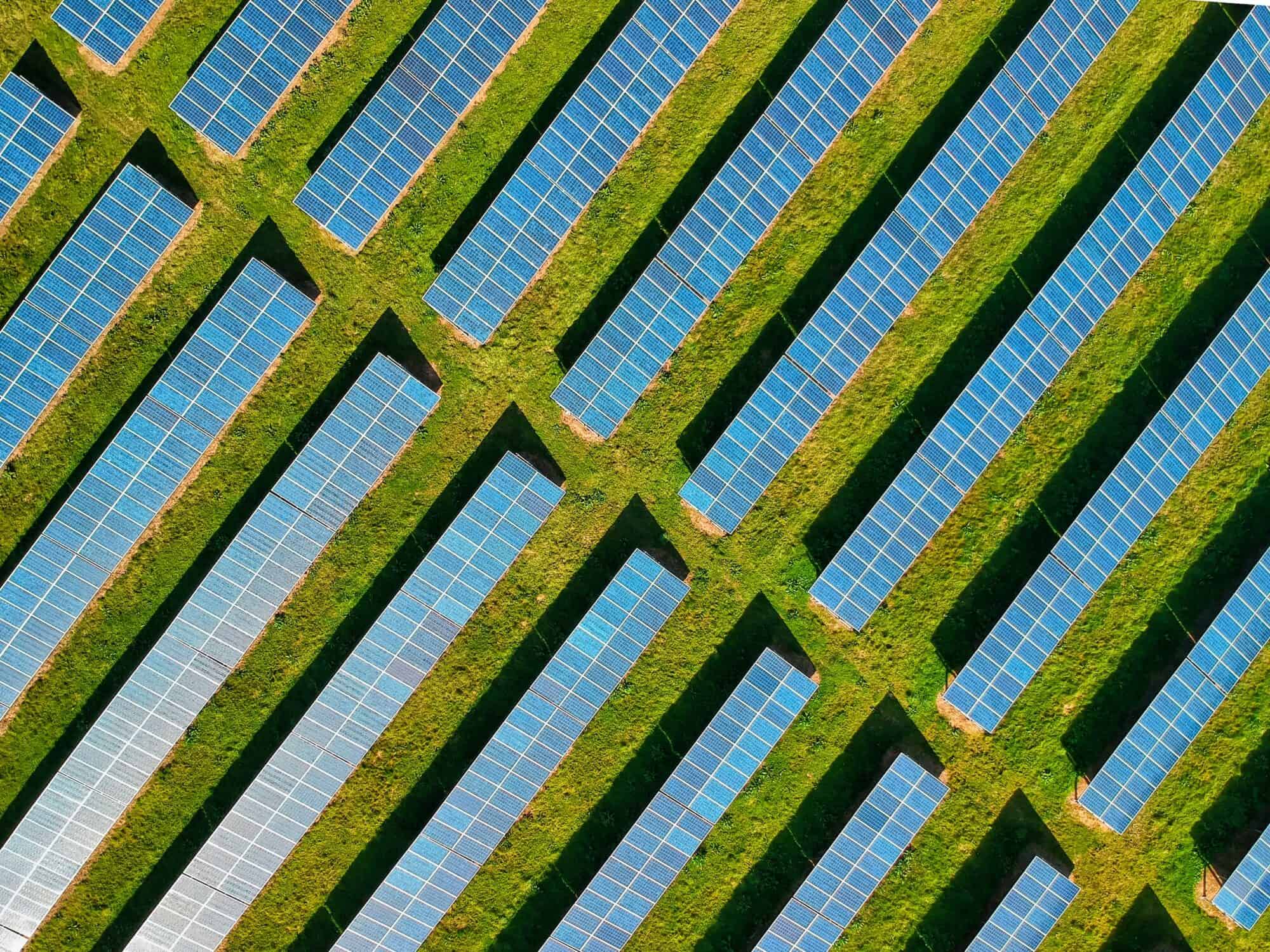 Aerial view of a photovoltaic solar electricity farm.