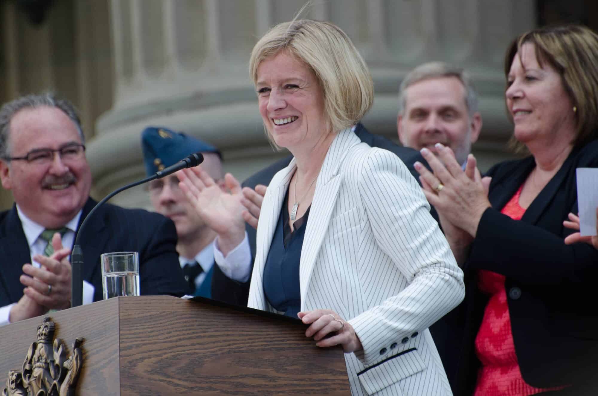 Rachel Notley after being sworn in as the 17th Premier of Alberta alongside her cabinet on the steps of the Alberta Legislature Building.