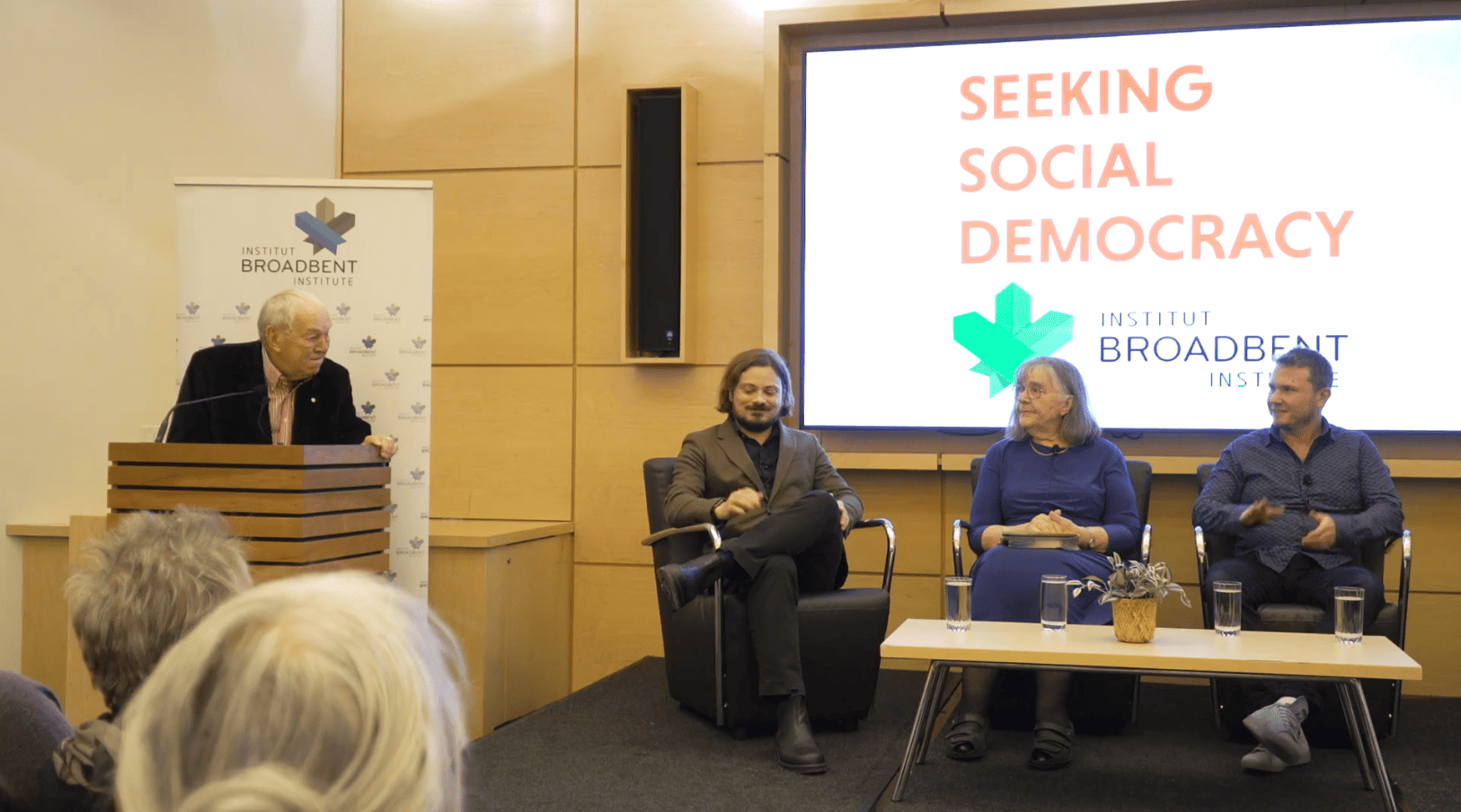 Ed Broadbent, Luke Savage, Frances Abele, and Jonathan Sas discussing Seeking Social Democracy